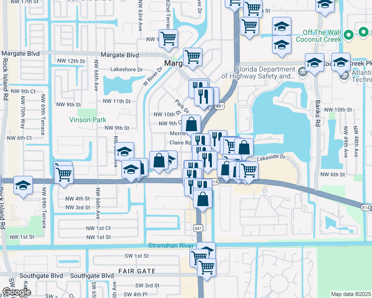 map of restaurants, bars, coffee shops, grocery stores, and more near 6101 Northwest 8th Street in Margate