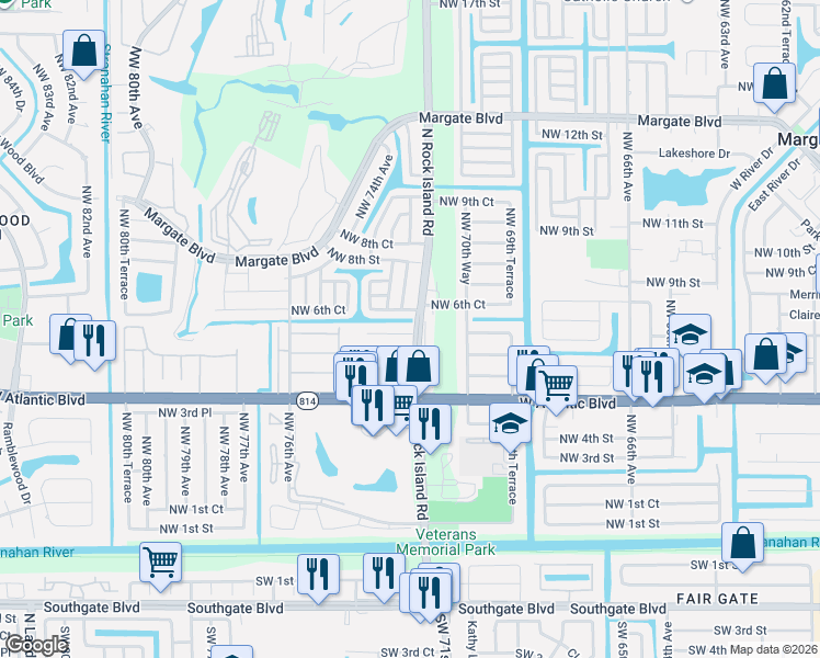 map of restaurants, bars, coffee shops, grocery stores, and more near 610 North Rock Island Road in Margate