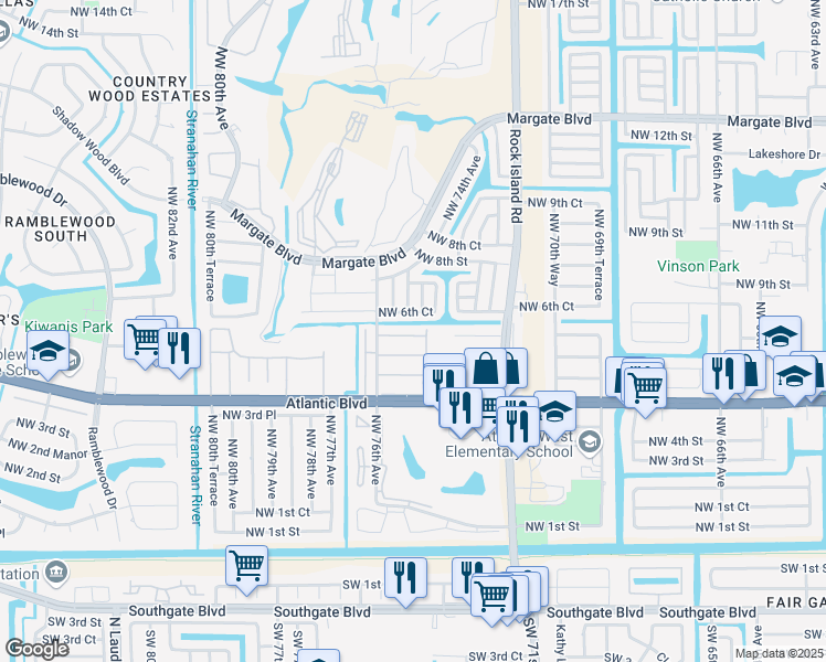 map of restaurants, bars, coffee shops, grocery stores, and more near 33 Northwest 5th Place in Margate
