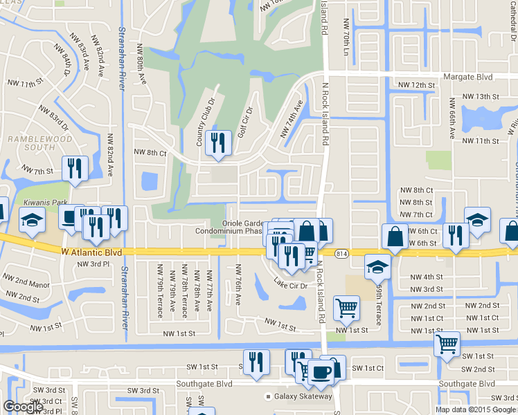 map of restaurants, bars, coffee shops, grocery stores, and more near 33 Northwest 5th Place in Margate