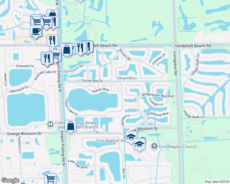 map of restaurants, bars, coffee shops, grocery stores, and more near 2808 Sailors Way in Naples