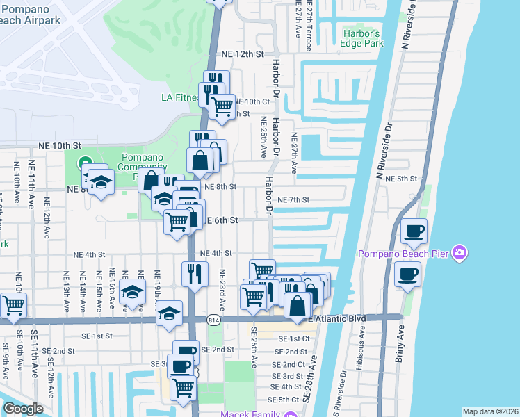 map of restaurants, bars, coffee shops, grocery stores, and more near 608 Northeast 25th Avenue in Pompano Beach