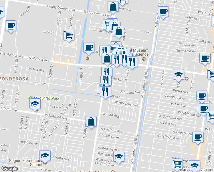 map of restaurants, bars, coffee shops, grocery stores, and more near 3612 North 23rd Street in McAllen