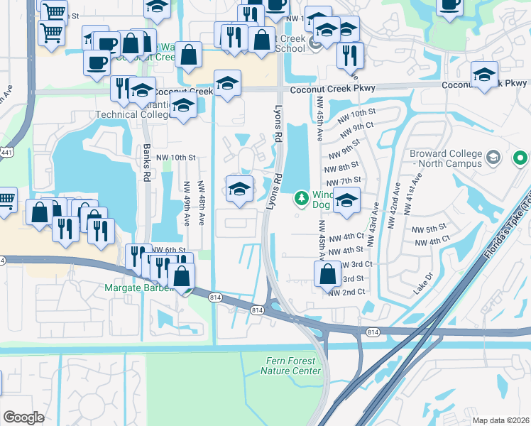 map of restaurants, bars, coffee shops, grocery stores, and more near in Coconut Creek