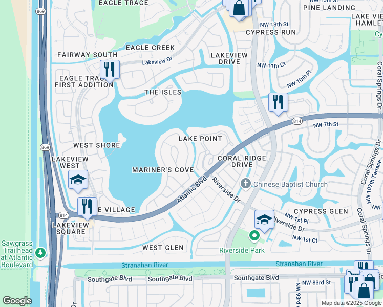 map of restaurants, bars, coffee shops, grocery stores, and more near 441 Northwest 118th Avenue in Coral Springs