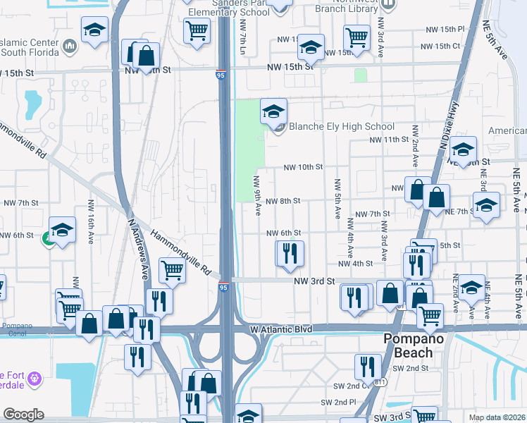 map of restaurants, bars, coffee shops, grocery stores, and more near 708 Northwest 9th Avenue in Pompano Beach