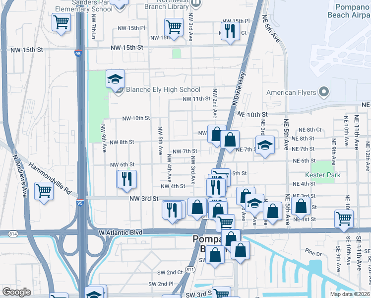 map of restaurants, bars, coffee shops, grocery stores, and more near 707 Northwest 3rd Avenue in Pompano Beach