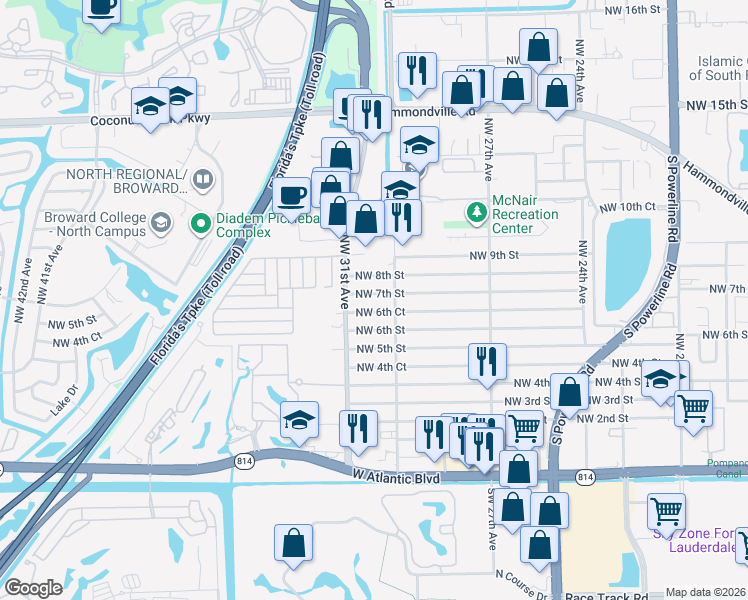 map of restaurants, bars, coffee shops, grocery stores, and more near 3040 Northwest 7th Street in Pompano Beach
