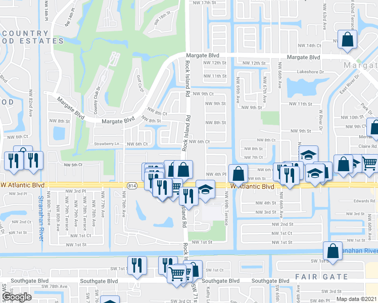 map of restaurants, bars, coffee shops, grocery stores, and more near 610 North Rock Island Road in Margate