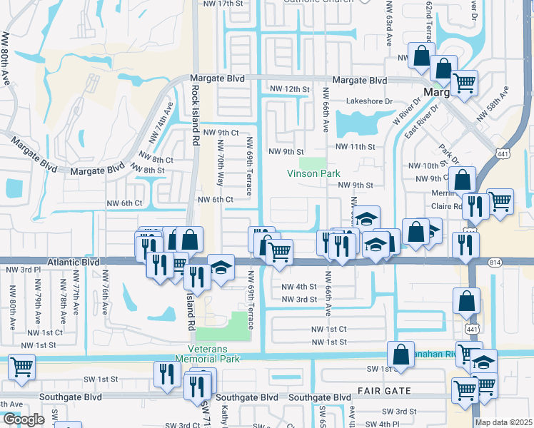map of restaurants, bars, coffee shops, grocery stores, and more near 731 Northwest 69th Avenue in Margate