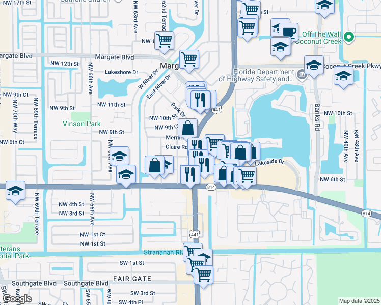 map of restaurants, bars, coffee shops, grocery stores, and more near 707 U.S. 441 in Margate