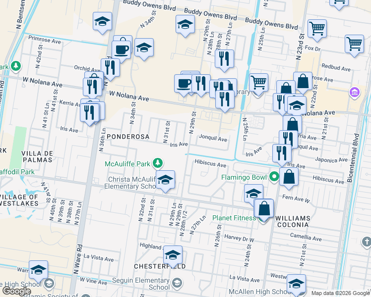 map of restaurants, bars, coffee shops, grocery stores, and more near 2901 Iris Avenue in McAllen