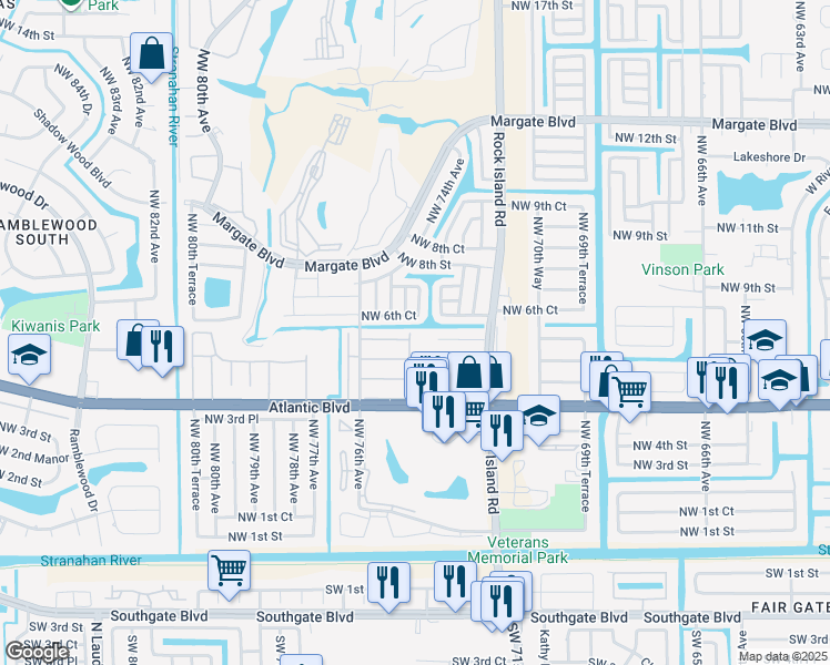 map of restaurants, bars, coffee shops, grocery stores, and more near 7400 Northwest 5th Place in Margate