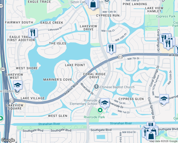 map of restaurants, bars, coffee shops, grocery stores, and more near 11641 West Atlantic Boulevard in Coral Springs