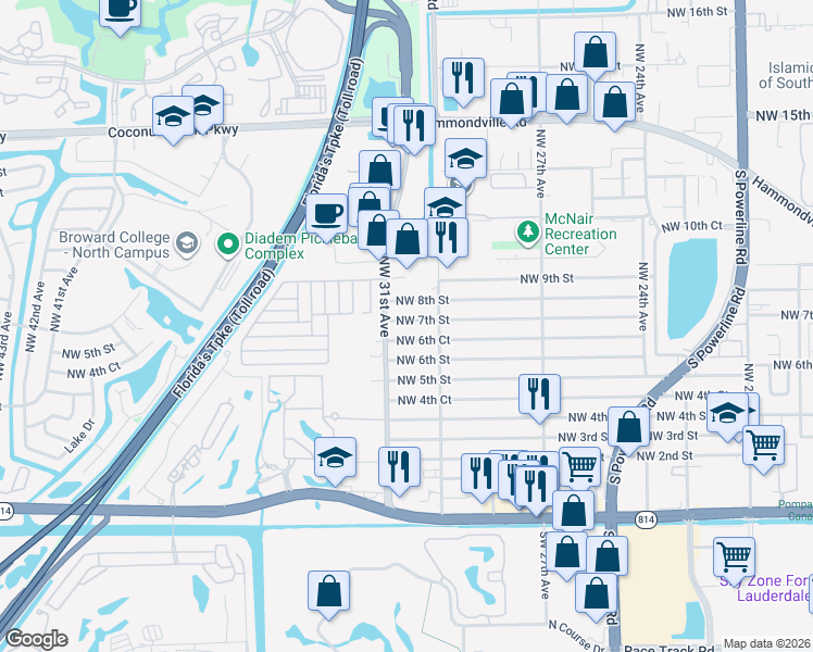 map of restaurants, bars, coffee shops, grocery stores, and more near 3070 Northwest 7th Street in Pompano Beach