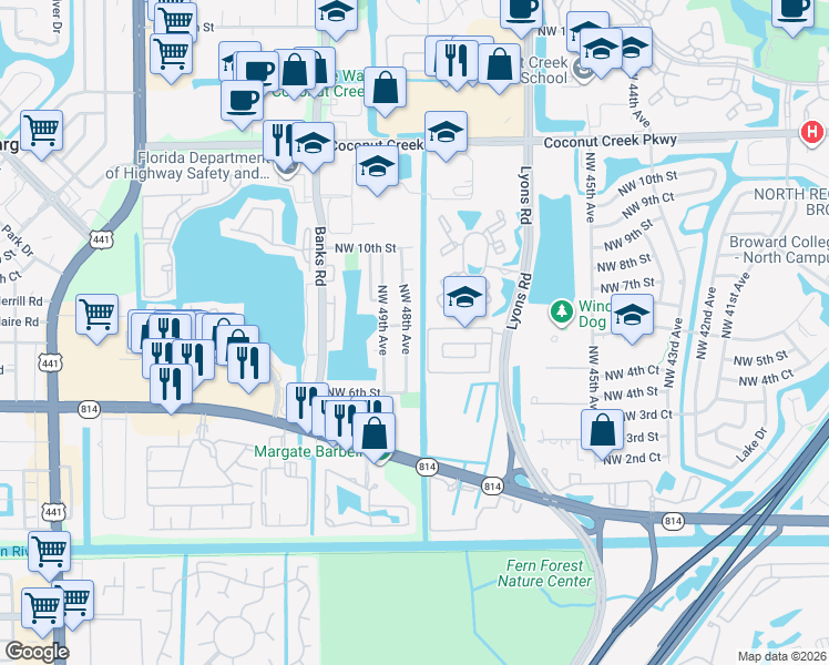 map of restaurants, bars, coffee shops, grocery stores, and more near 741 Northwest 48th Avenue in Coconut Creek