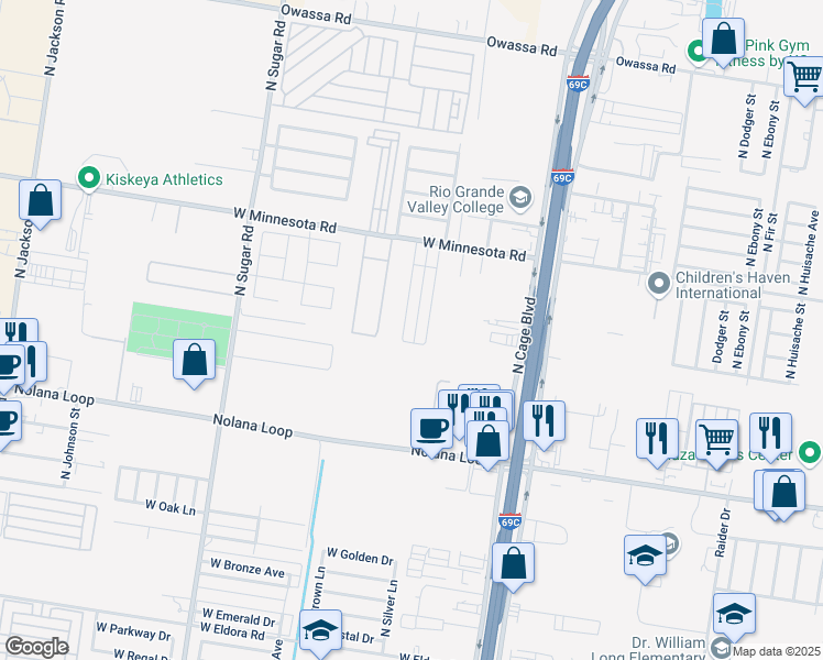 map of restaurants, bars, coffee shops, grocery stores, and more near 502 West Minnesota Road in Pharr