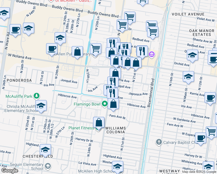 map of restaurants, bars, coffee shops, grocery stores, and more near 3612 North 23rd Street in McAllen