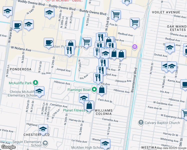 map of restaurants, bars, coffee shops, grocery stores, and more near 3509 North 23rd Lane in McAllen