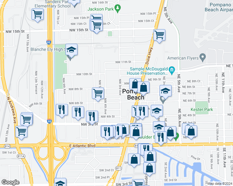 map of restaurants, bars, coffee shops, grocery stores, and more near 317 Northwest 7th Street in Pompano Beach