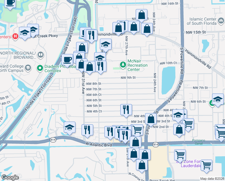 map of restaurants, bars, coffee shops, grocery stores, and more near 2830 Northwest 7th Street in Pompano Beach