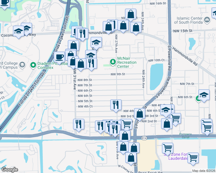 map of restaurants, bars, coffee shops, grocery stores, and more near 2830 Northwest 7th Street in Pompano Beach