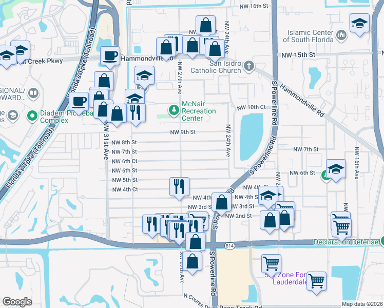 map of restaurants, bars, coffee shops, grocery stores, and more near 2638 Northwest 7th Street in Pompano Beach