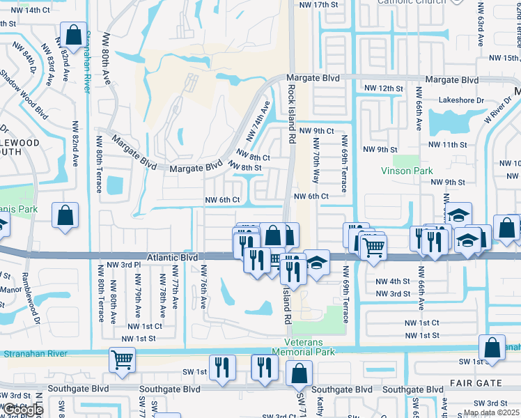 map of restaurants, bars, coffee shops, grocery stores, and more near 7305 Northwest 5th Place in Margate