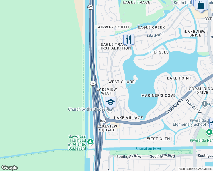 map of restaurants, bars, coffee shops, grocery stores, and more near 12634 Northwest 7th Street in Coral Springs