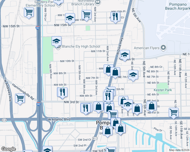 map of restaurants, bars, coffee shops, grocery stores, and more near 707 Northwest 3rd Avenue in Pompano Beach