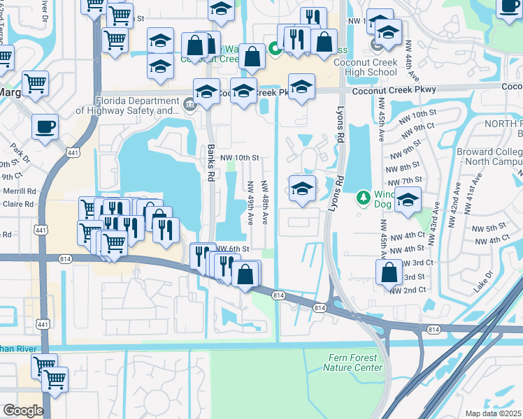 map of restaurants, bars, coffee shops, grocery stores, and more near 741 Northwest 48th Avenue in Coconut Creek