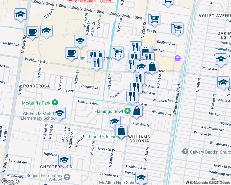 map of restaurants, bars, coffee shops, grocery stores, and more near 2403 West Jonquil Avenue in McAllen