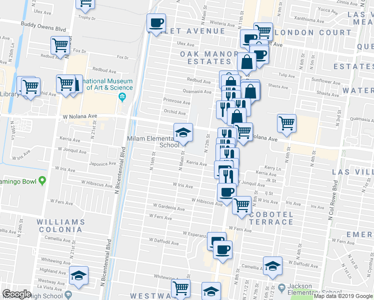 map of restaurants, bars, coffee shops, grocery stores, and more near 3800 North Main Street in McAllen