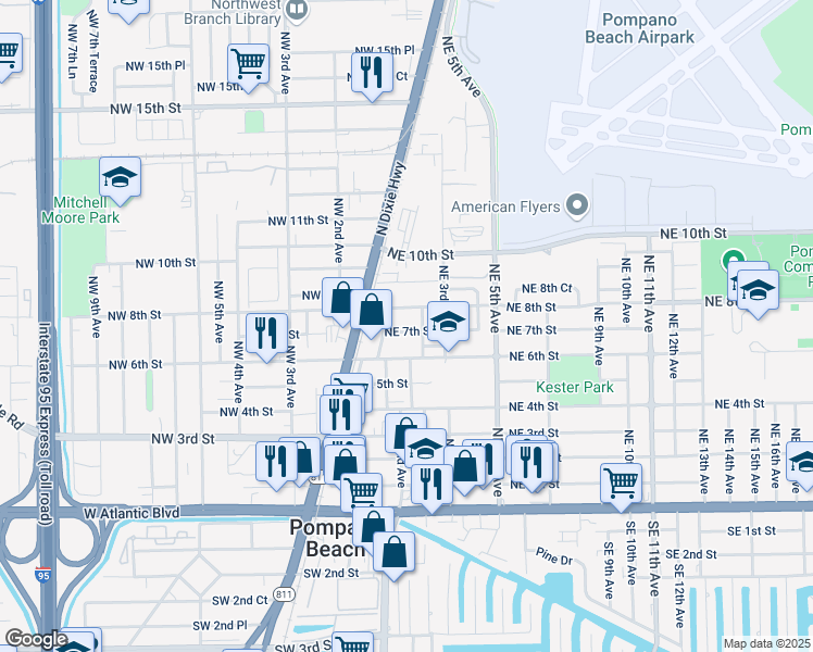 map of restaurants, bars, coffee shops, grocery stores, and more near 111 Northeast 7th Street in Pompano Beach
