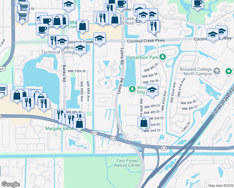 map of restaurants, bars, coffee shops, grocery stores, and more near in Coconut Creek