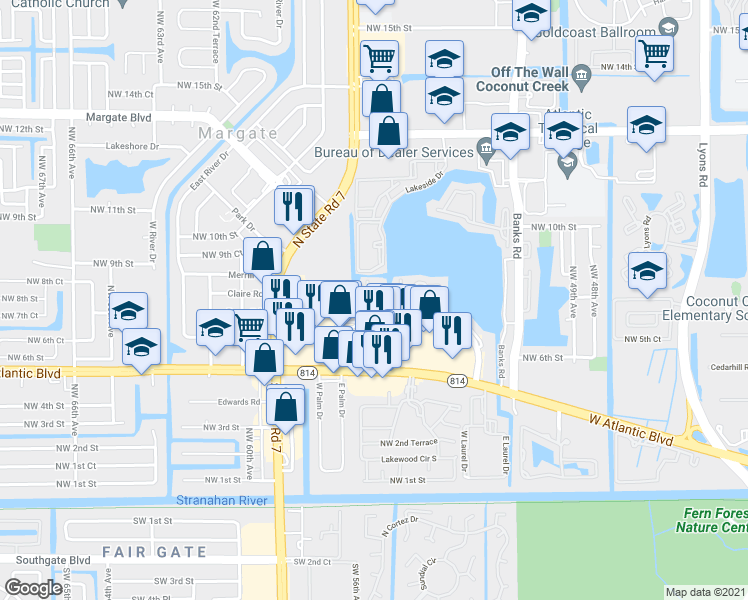 map of restaurants, bars, coffee shops, grocery stores, and more near 5541 Lakeside Drive in Margate