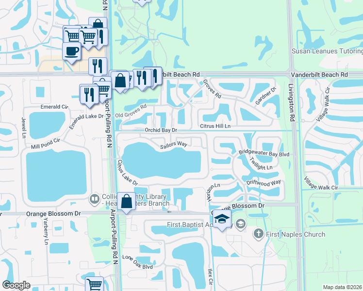 map of restaurants, bars, coffee shops, grocery stores, and more near 2808 Sailors Way in Naples