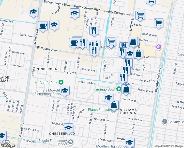 map of restaurants, bars, coffee shops, grocery stores, and more near 2708 West Iris Ave in McAllen