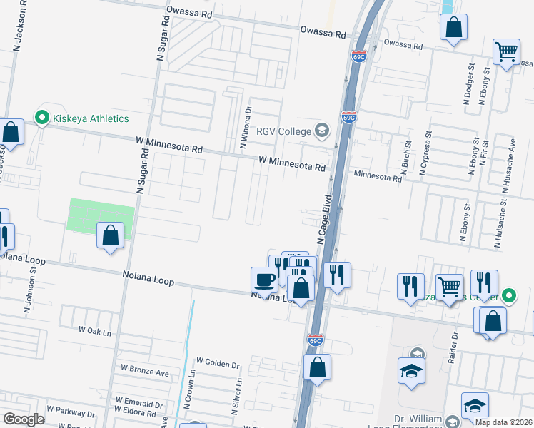 map of restaurants, bars, coffee shops, grocery stores, and more near 502 West Minnesota Road in Pharr