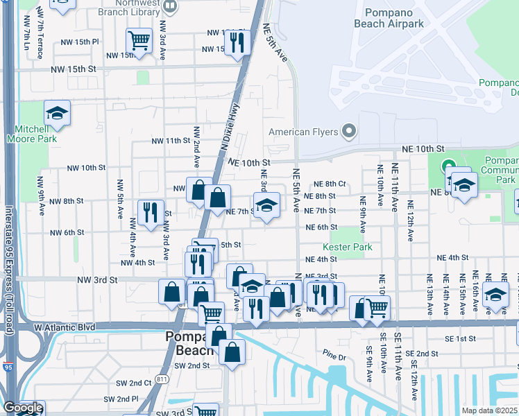 map of restaurants, bars, coffee shops, grocery stores, and more near 705 Northeast 3rd Avenue in Pompano Beach