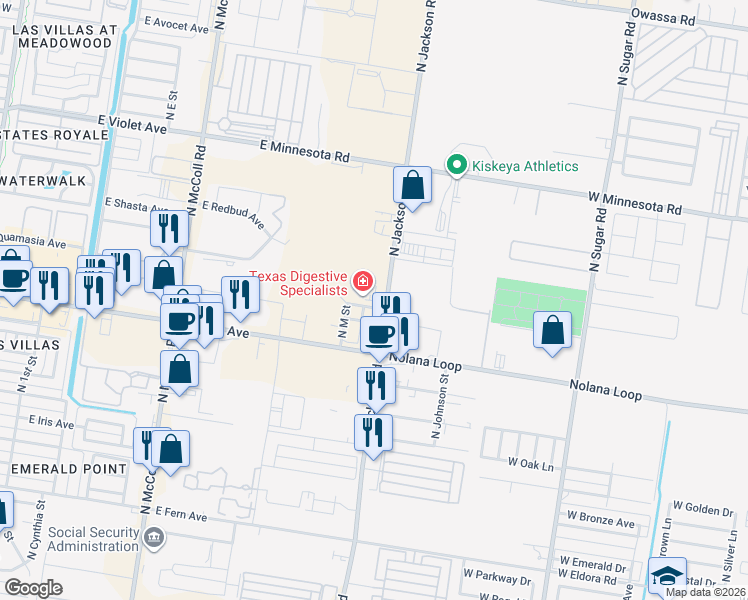 map of restaurants, bars, coffee shops, grocery stores, and more near 4205 North Jackson Road in McAllen