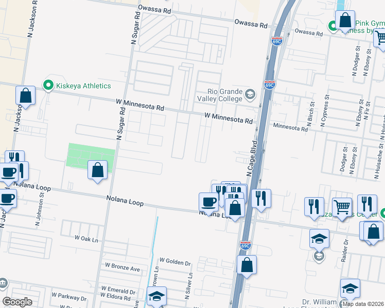 map of restaurants, bars, coffee shops, grocery stores, and more near 502 West Minnesota Road in Pharr