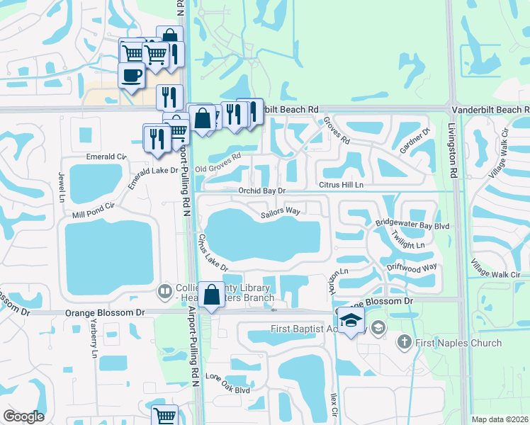 map of restaurants, bars, coffee shops, grocery stores, and more near 2628 Sailors Way in Naples