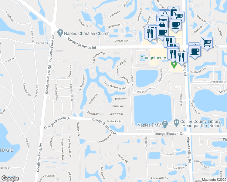 map of restaurants, bars, coffee shops, grocery stores, and more near 7691 Santa Cruz Court in Naples