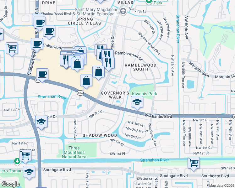 map of restaurants, bars, coffee shops, grocery stores, and more near 527 Northwest 87th Lane in Coral Springs