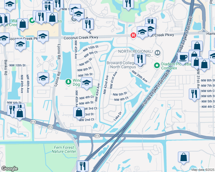 map of restaurants, bars, coffee shops, grocery stores, and more near 600 Northwest 42nd Avenue in Coconut Creek