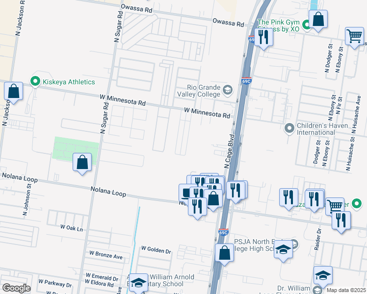 map of restaurants, bars, coffee shops, grocery stores, and more near 502 West Minnesota Road in Pharr