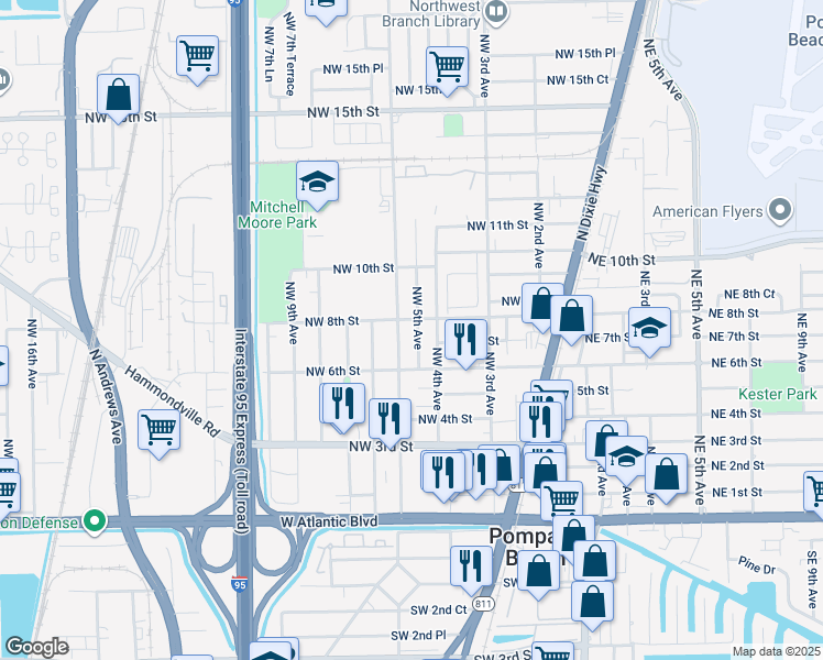 map of restaurants, bars, coffee shops, grocery stores, and more near 715 Northwest 5th Avenue in Pompano Beach