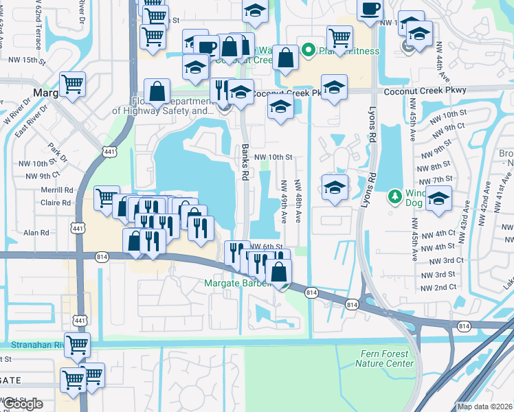 map of restaurants, bars, coffee shops, grocery stores, and more near 792 Banks Road in Coconut Creek