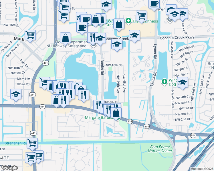 map of restaurants, bars, coffee shops, grocery stores, and more near 792 Banks Road in Coconut Creek